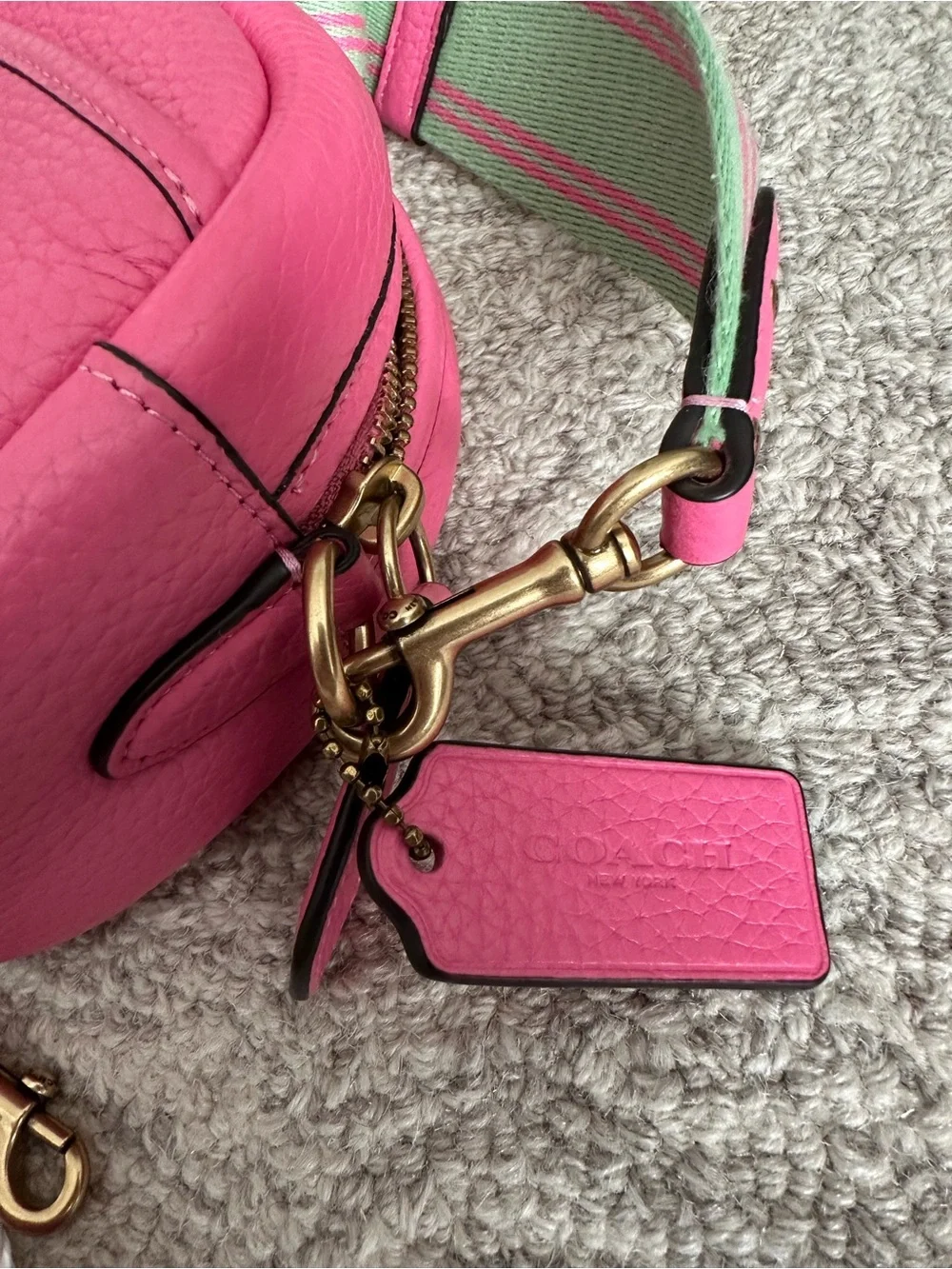 Coach Pink Pebble Leather Turnlock Crossbody with Mint-Trim Strap
